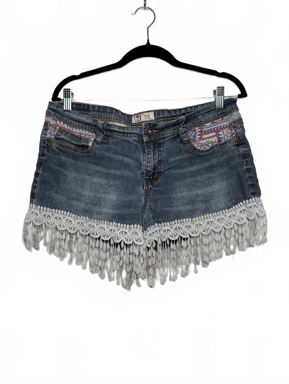 LEI Y2K Boho Denim Shorts with Lace Fringe
